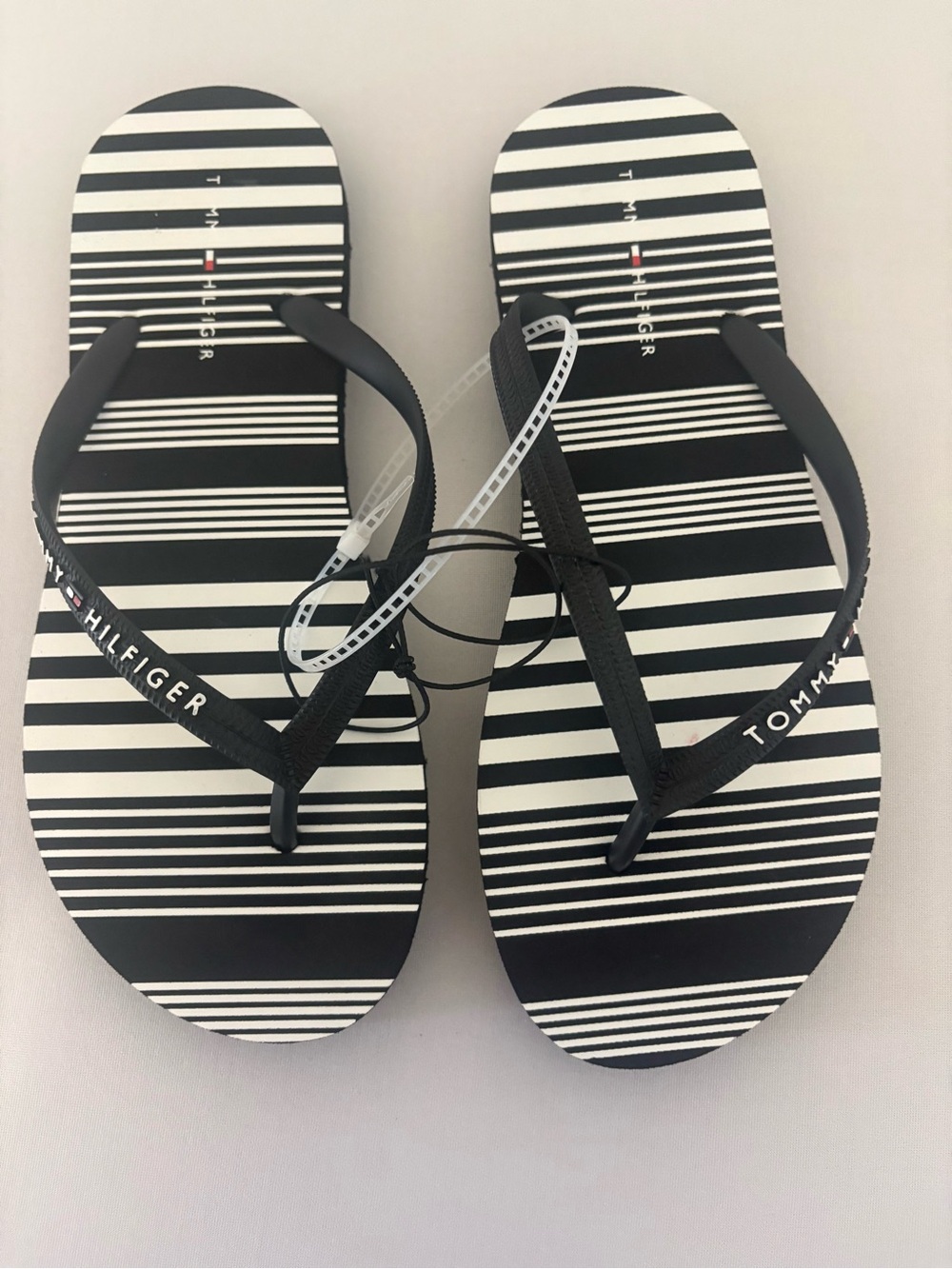 Tommy Hilfiger Black & White Striped Women's Flip Flops - Picture 2 of 6